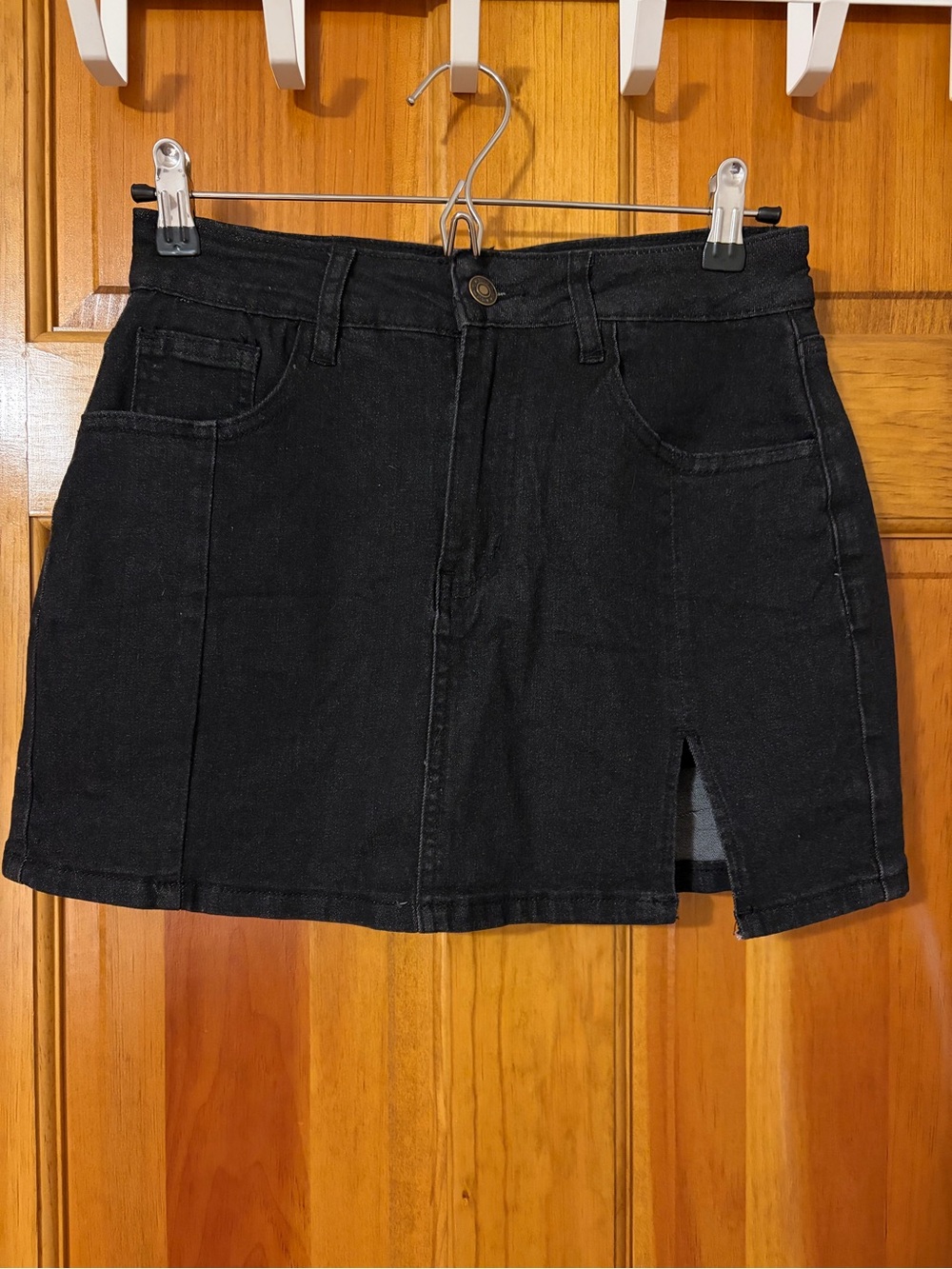 Black Mini Denim Skirt with Front Slit